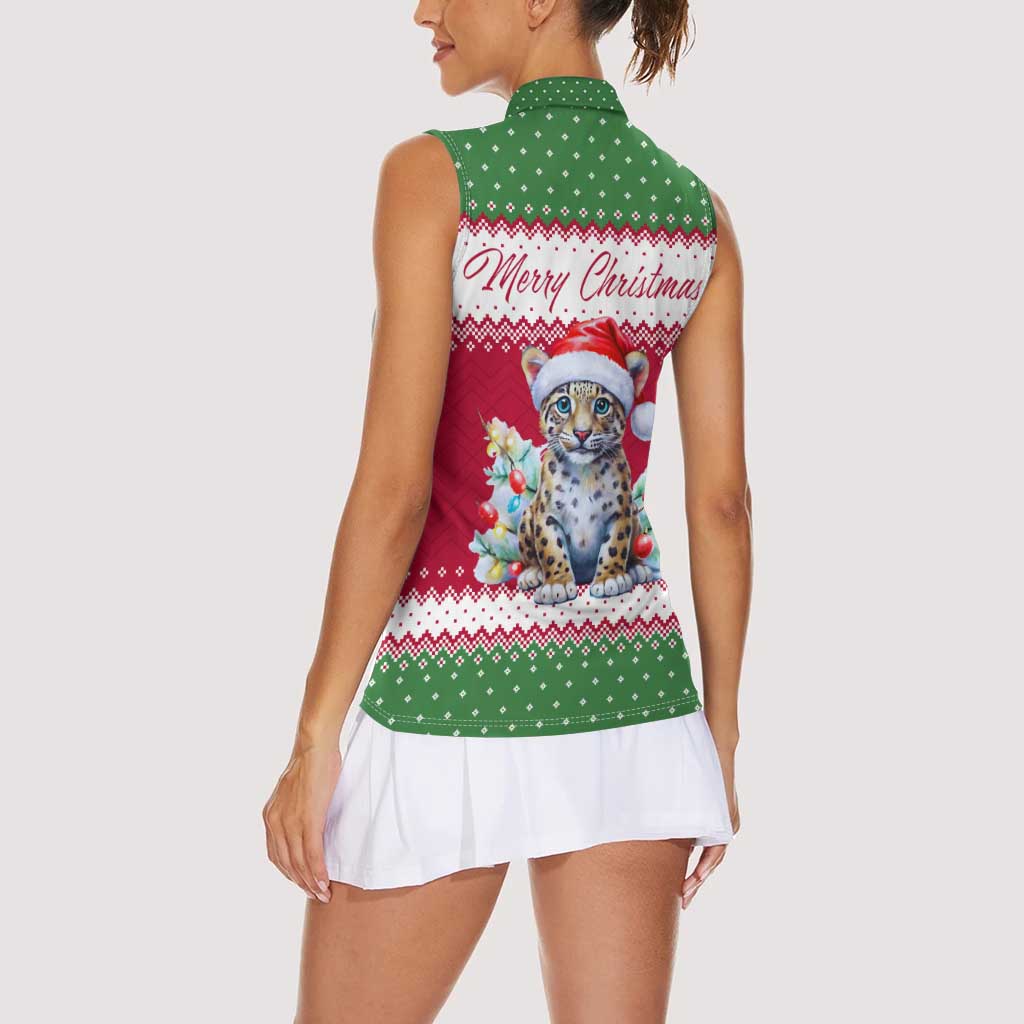 Suriname Christmas Women Sleeveless Polo Shirt with Red-Green Knit Pattern, Yellow Star, and Santa Leopard Motif - Wonder Print Shop