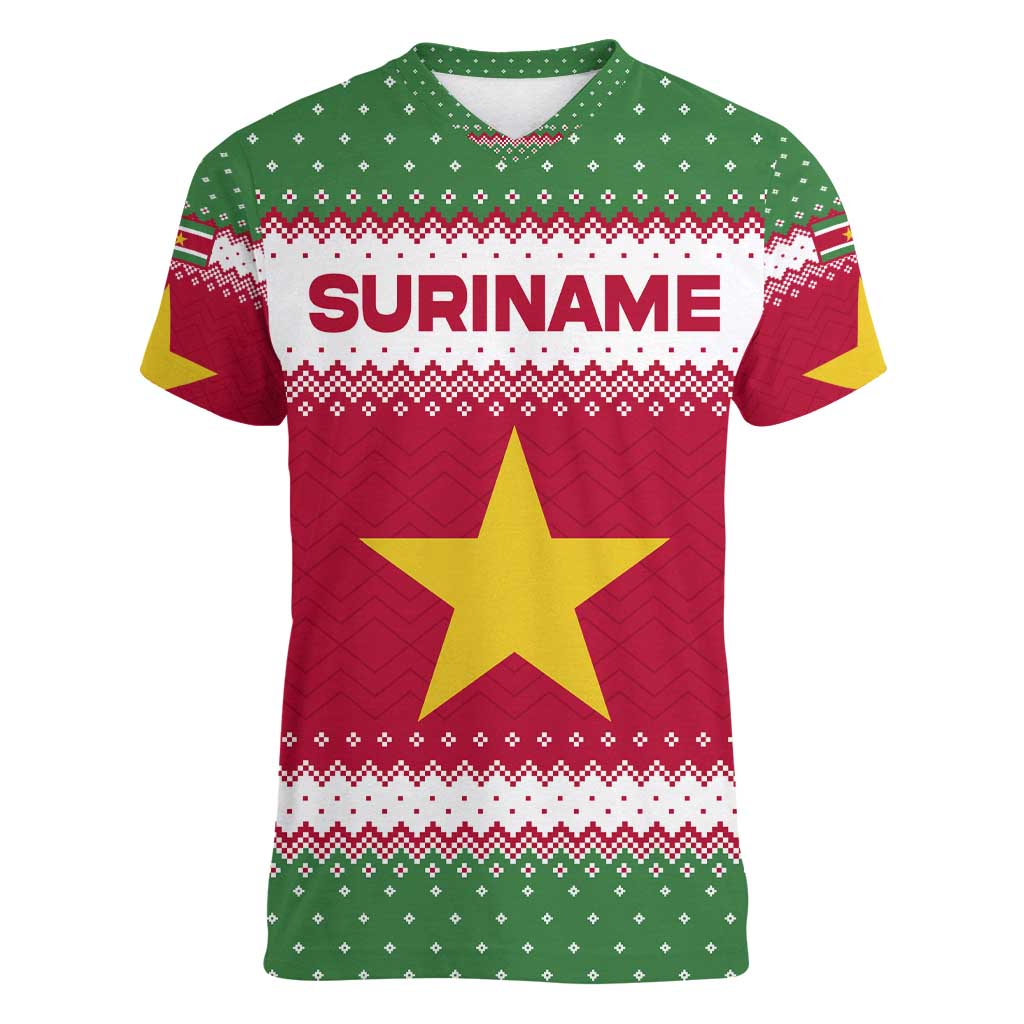 Suriname Christmas Women V-Neck T-Shirt with Red-Green Knit Pattern, Yellow Star, and Santa Leopard Motif - Wonder Print Shop