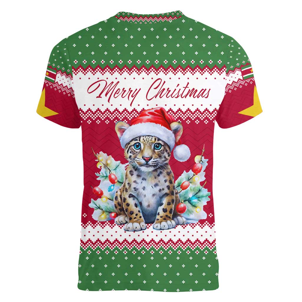 Suriname Christmas Women V-Neck T-Shirt with Red-Green Knit Pattern, Yellow Star, and Santa Leopard Motif - Wonder Print Shop