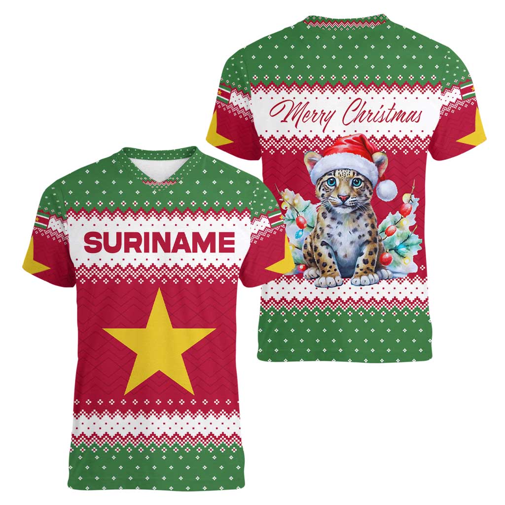 Suriname Christmas Women V-Neck T-Shirt with Red-Green Knit Pattern, Yellow Star, and Santa Leopard Motif - Wonder Print Shop