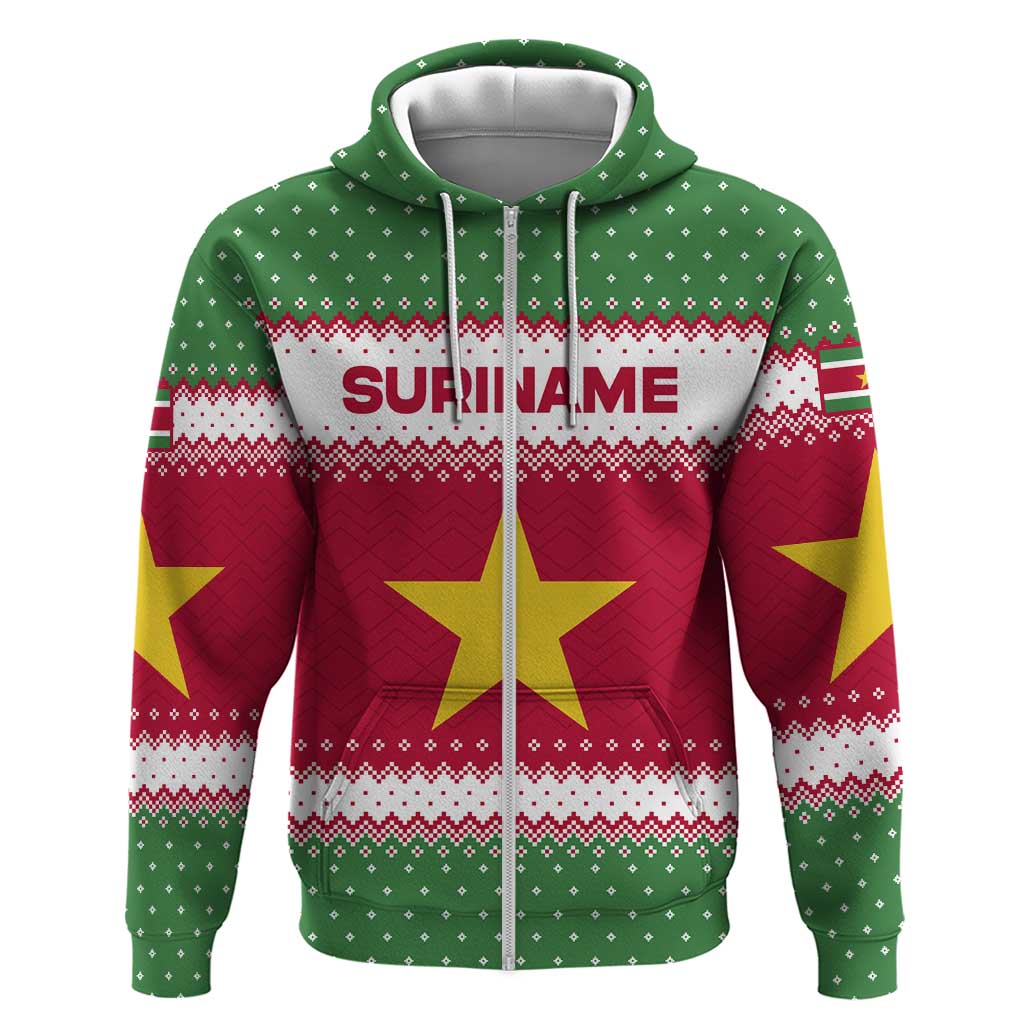 Suriname Christmas Zip Hoodie with Red-Green Knit Pattern, Yellow Star, and Santa Leopard Motif - Wonder Print Shop