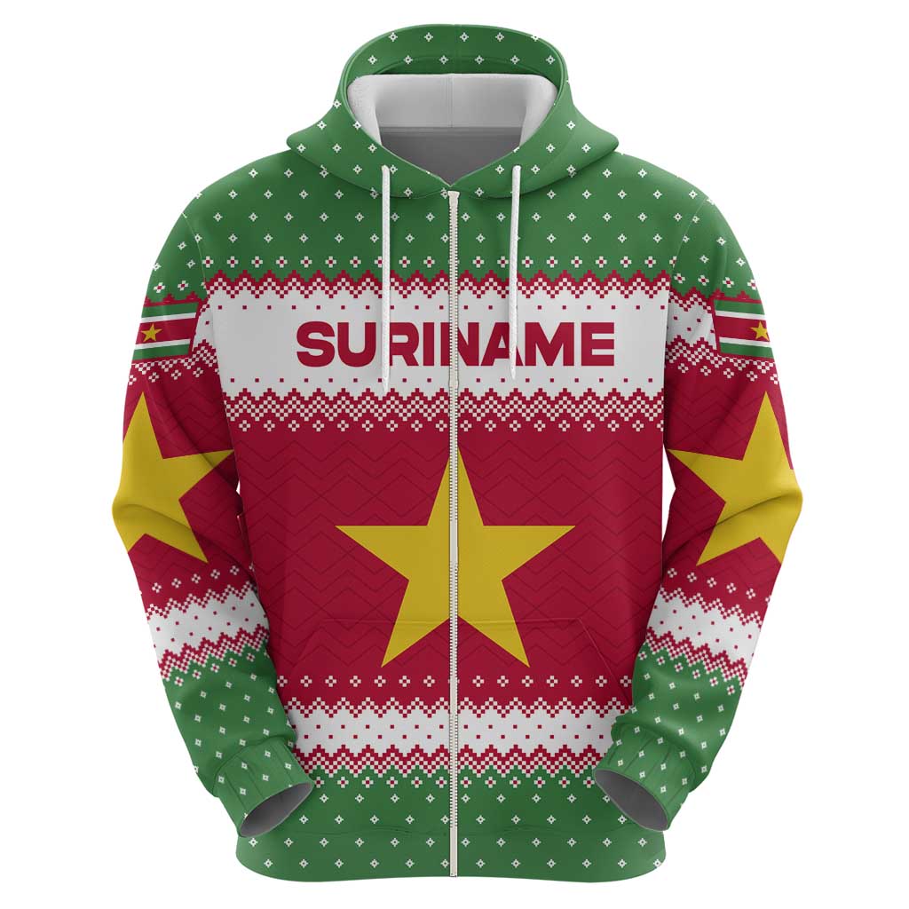 Suriname Christmas Zip Hoodie with Red-Green Knit Pattern, Yellow Star, and Santa Leopard Motif - Wonder Print Shop