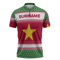 Suriname Christmas Zipper Polo Shirt with Red-Green Knit Pattern, Yellow Star, and Santa Leopard Motif - Wonder Print Shop