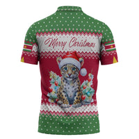 Suriname Christmas Zipper Polo Shirt with Red-Green Knit Pattern, Yellow Star, and Santa Leopard Motif - Wonder Print Shop