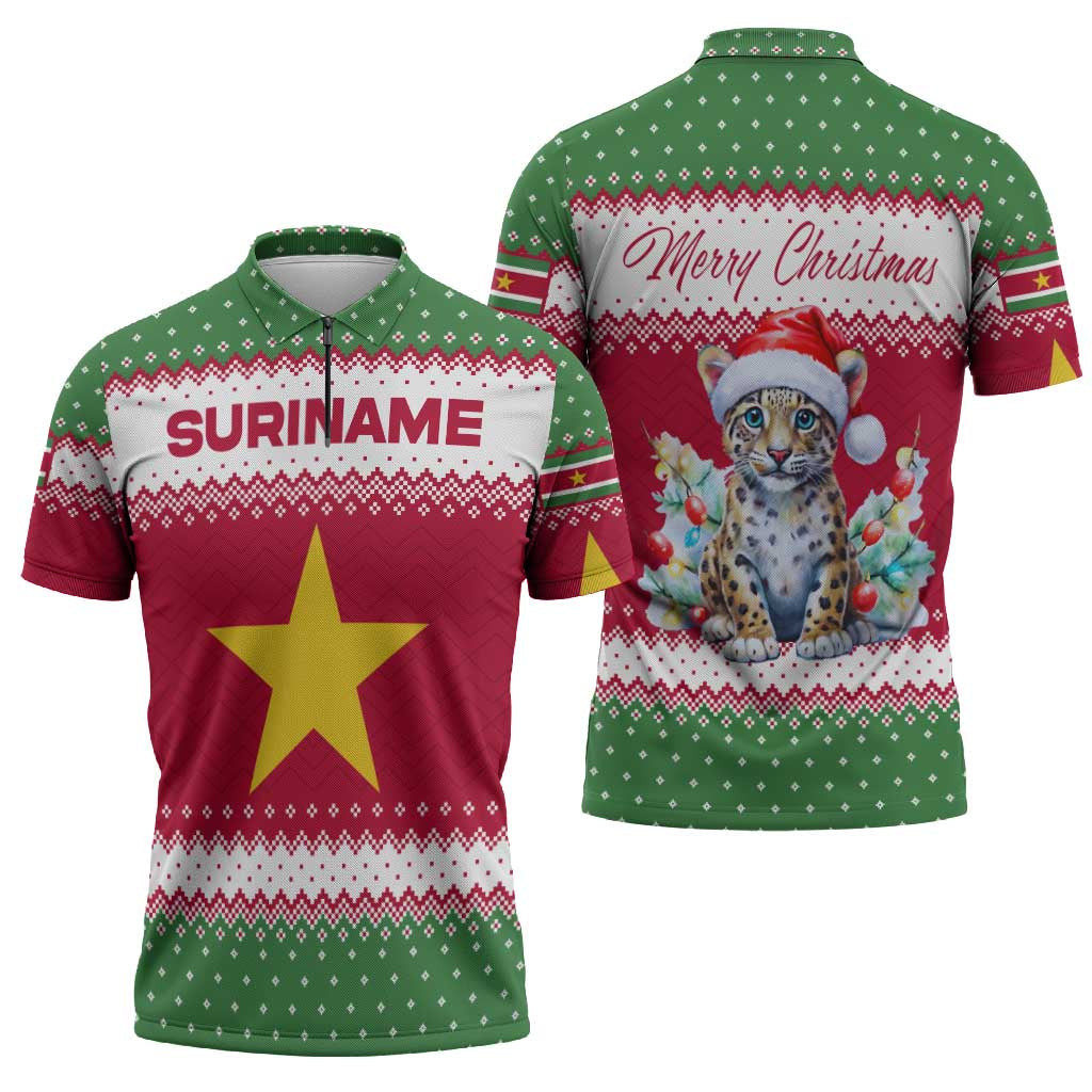 Suriname Christmas Zipper Polo Shirt with Red-Green Knit Pattern, Yellow Star, and Santa Leopard Motif - Wonder Print Shop