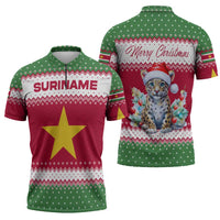 Suriname Christmas Zipper Polo Shirt with Red-Green Knit Pattern, Yellow Star, and Santa Leopard Motif - Wonder Print Shop
