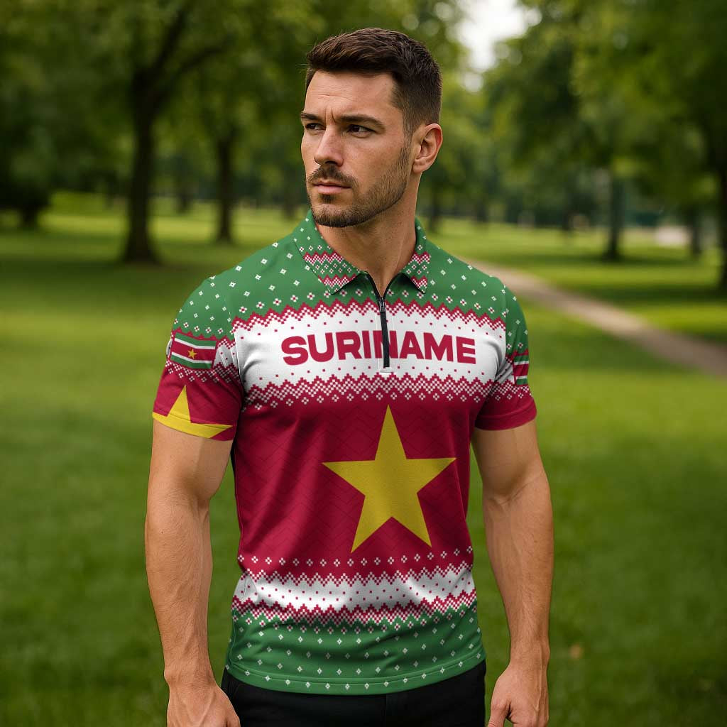 Suriname Christmas Zipper Polo Shirt with Red-Green Knit Pattern, Yellow Star, and Santa Leopard Motif - Wonder Print Shop