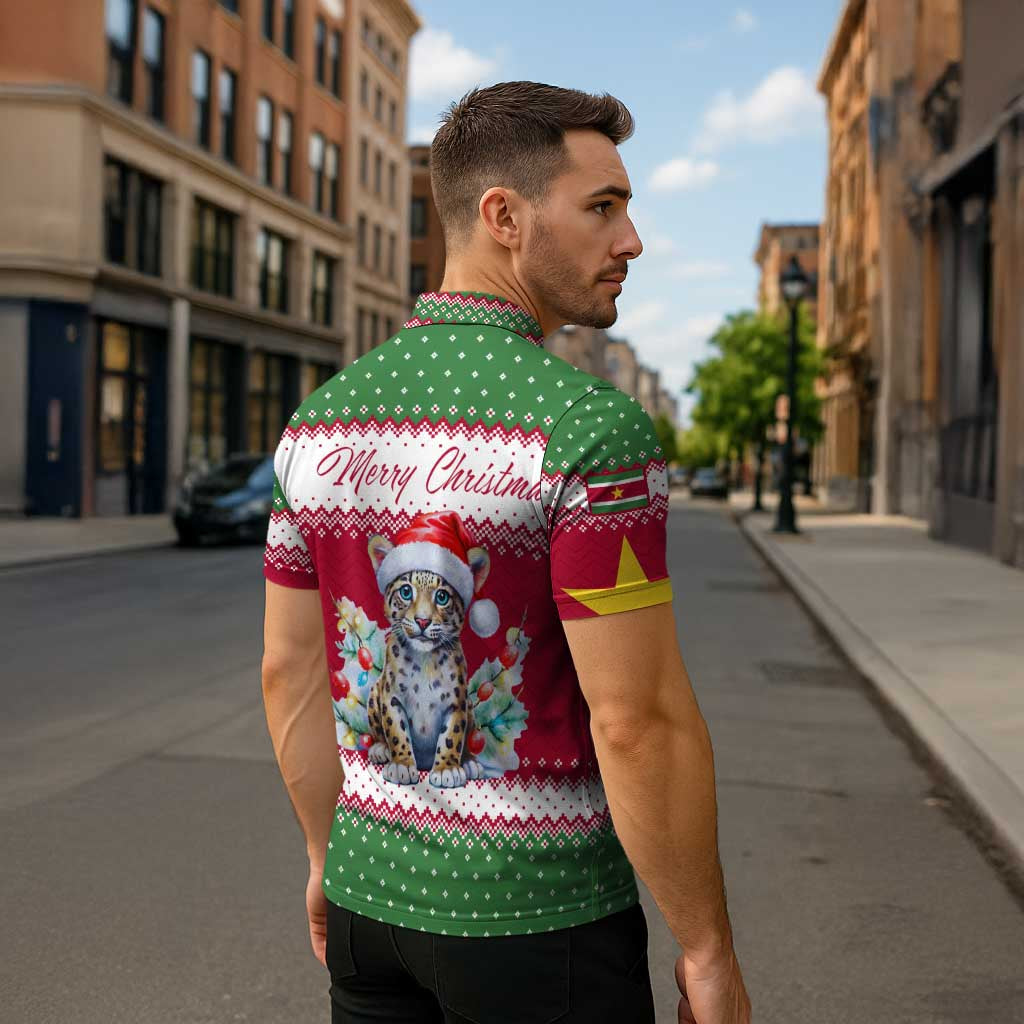 Suriname Christmas Zipper Polo Shirt with Red-Green Knit Pattern, Yellow Star, and Santa Leopard Motif - Wonder Print Shop