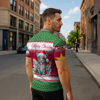 Suriname Christmas Zipper Polo Shirt with Red-Green Knit Pattern, Yellow Star, and Santa Leopard Motif - Wonder Print Shop