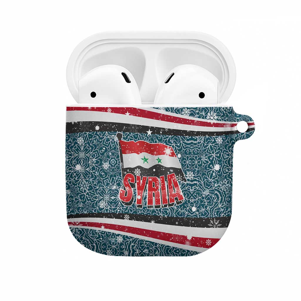 Syria Christmas AirPods Case with National Flag Motif, Coat of Arms Eagle, and Festive Snowflake Pattern - Wonder Print Shop
