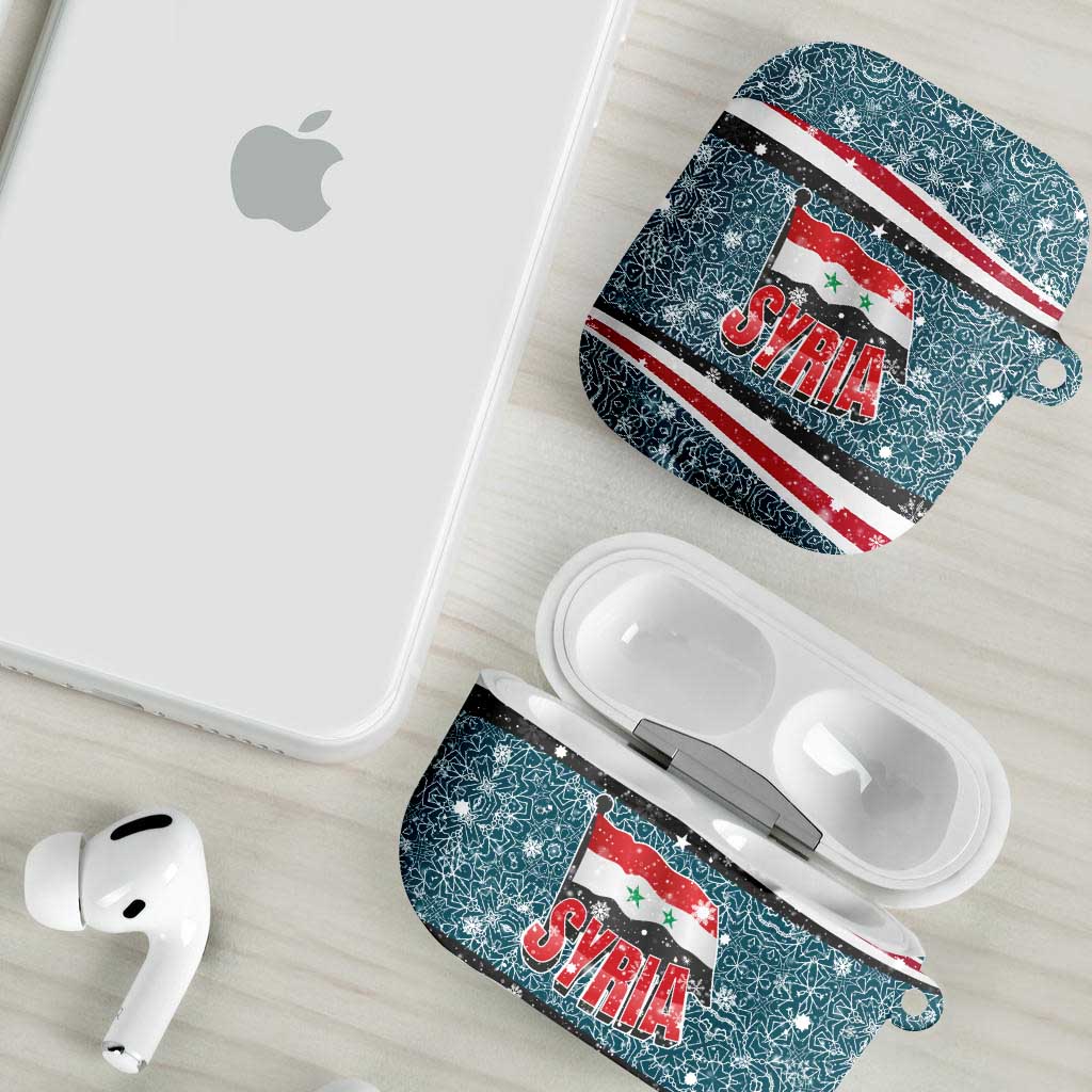 Syria Christmas AirPods Case with National Flag Motif, Coat of Arms Eagle, and Festive Snowflake Pattern - Wonder Print Shop