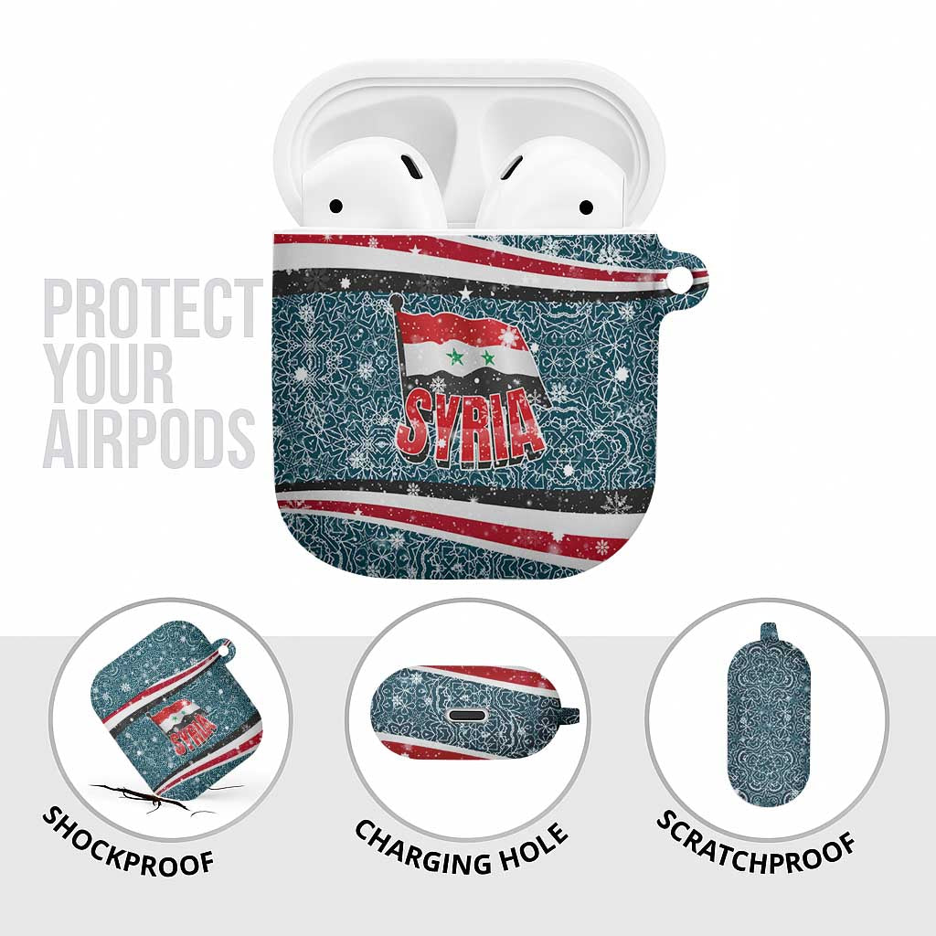 Syria Christmas AirPods Case with National Flag Motif, Coat of Arms Eagle, and Festive Snowflake Pattern - Wonder Print Shop