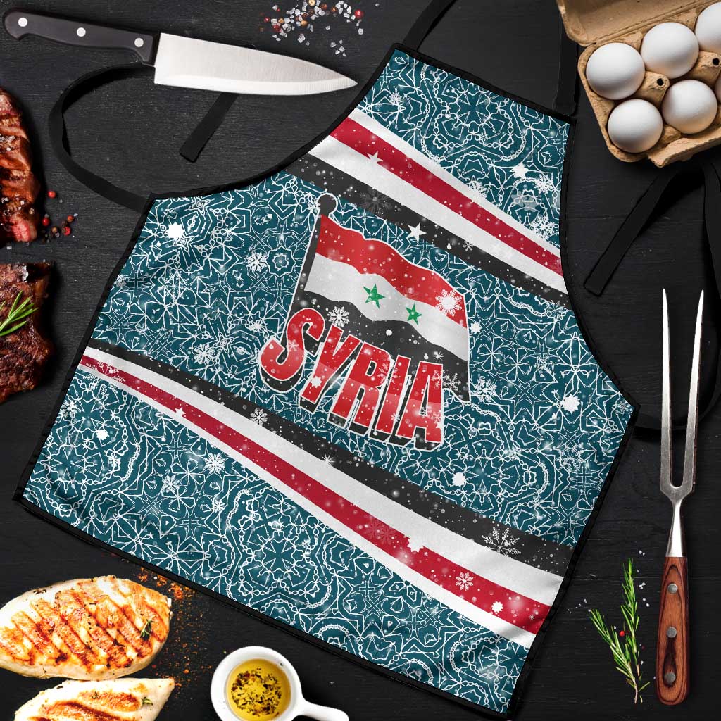 Syria Christmas Apron with National Flag Motif, Coat of Arms Eagle, and Festive Snowflake Pattern - Wonder Print Shop
