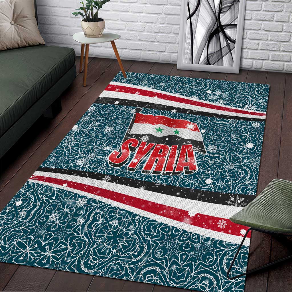 Syria Christmas Area Rug with National Flag Motif, Coat of Arms Eagle, and Festive Snowflake Pattern - Wonder Print Shop