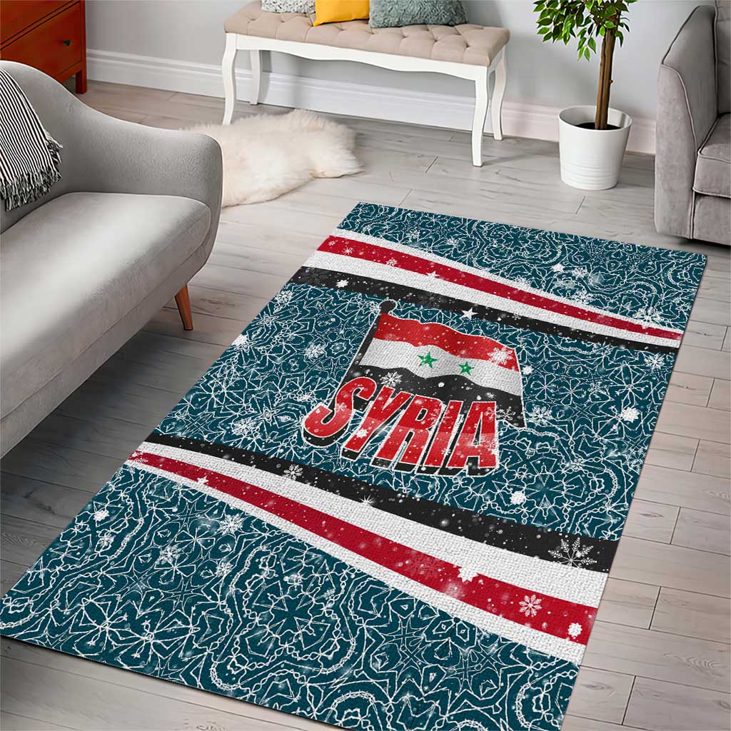 Syria Christmas Area Rug with National Flag Motif, Coat of Arms Eagle, and Festive Snowflake Pattern - Wonder Print Shop