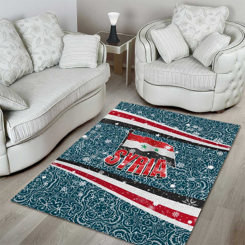 Syria Christmas Area Rug with National Flag Motif, Coat of Arms Eagle, and Festive Snowflake Pattern - Wonder Print Shop