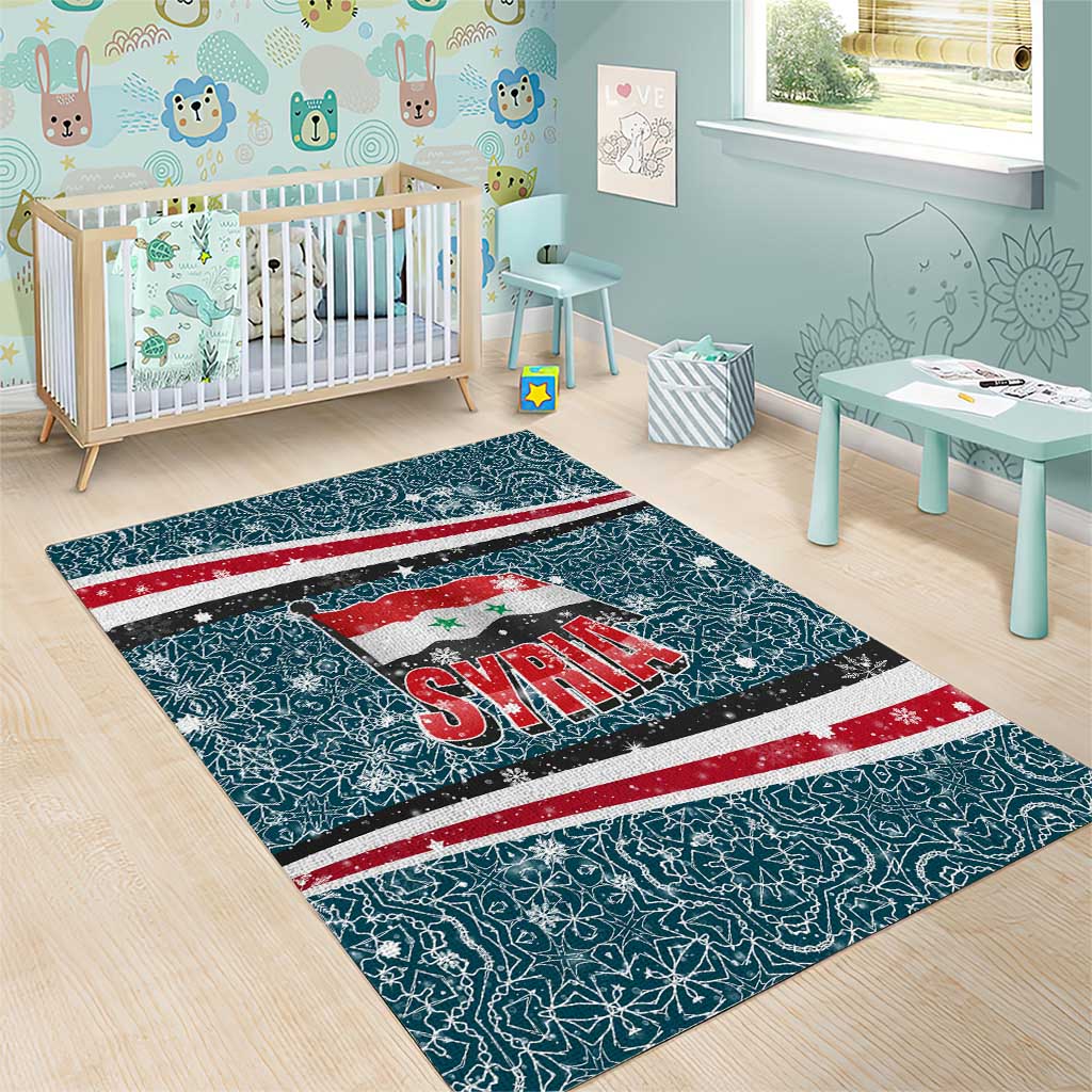 Syria Christmas Area Rug with National Flag Motif, Coat of Arms Eagle, and Festive Snowflake Pattern - Wonder Print Shop