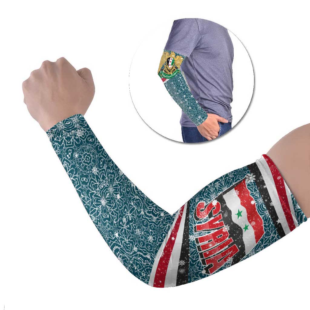 Syria Christmas Arm Sleeves with National Flag Motif, Coat of Arms Eagle, and Festive Snowflake Pattern - Wonder Print Shop