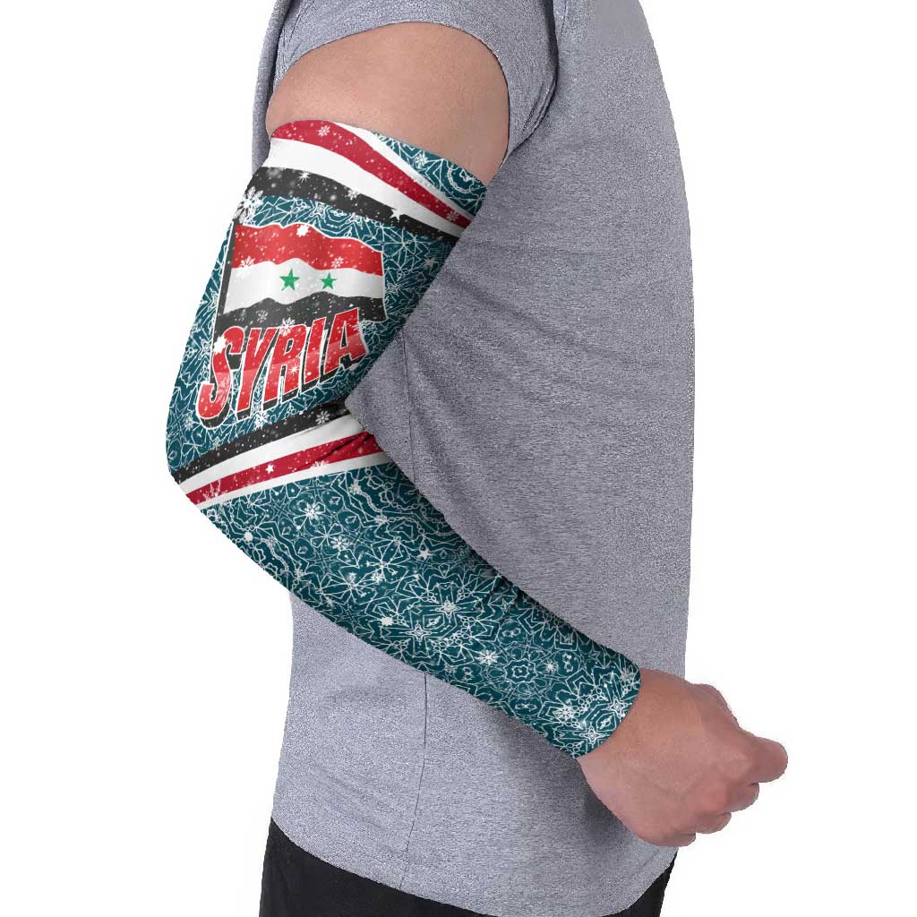 Syria Christmas Arm Sleeves with National Flag Motif, Coat of Arms Eagle, and Festive Snowflake Pattern - Wonder Print Shop