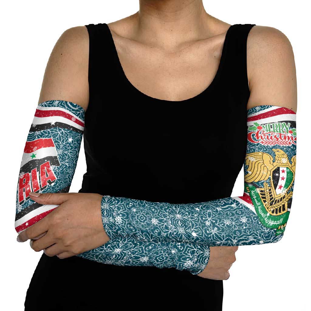 Syria Christmas Arm Sleeves with National Flag Motif, Coat of Arms Eagle, and Festive Snowflake Pattern - Wonder Print Shop