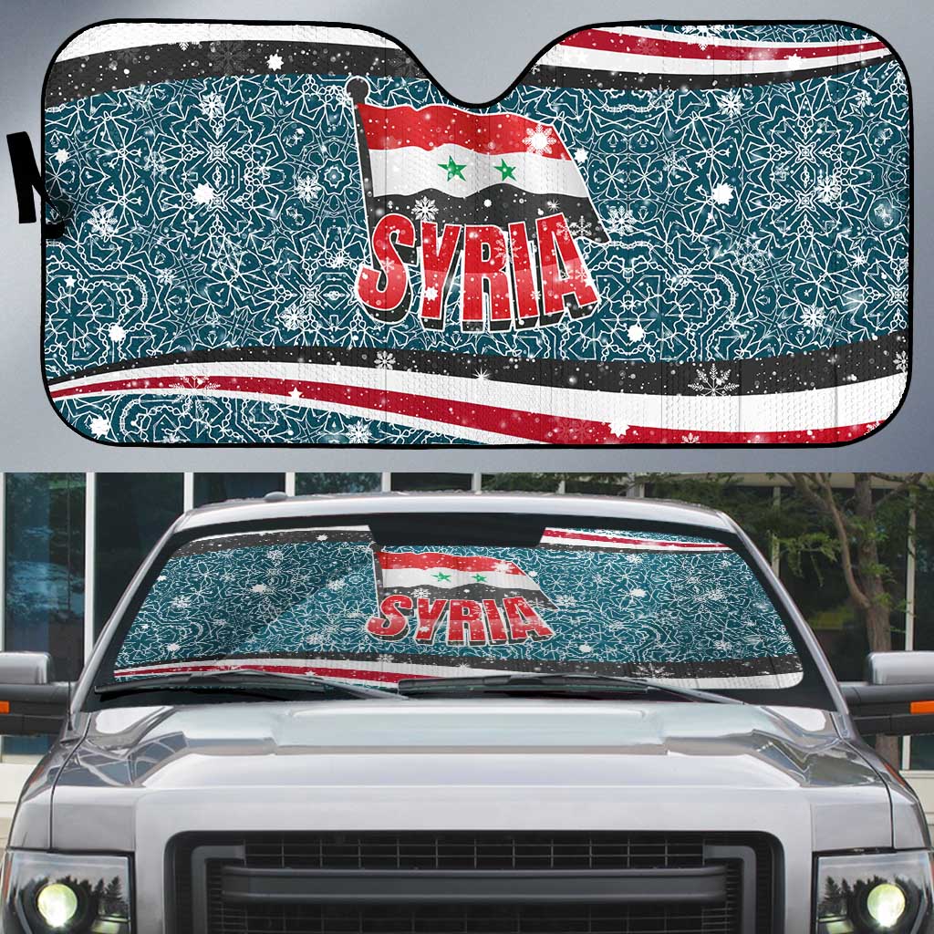 Syria Christmas Auto Sun Shade with National Flag Motif, Coat of Arms Eagle, and Festive Snowflake Pattern - Wonder Print Shop