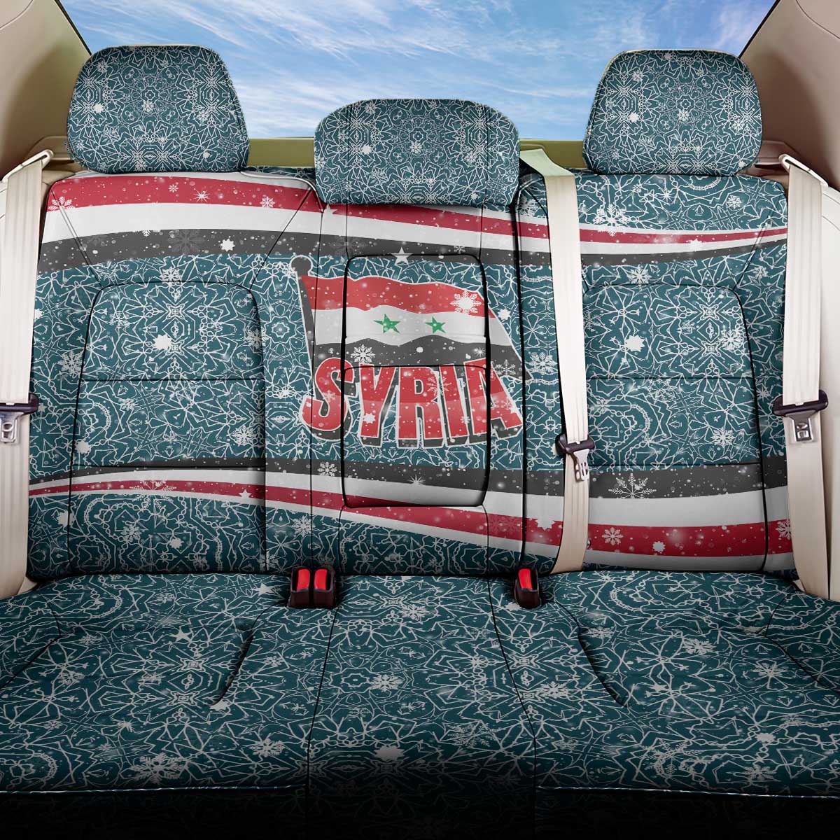 Syria Christmas Back Car Seat Cover with National Flag Motif, Coat of Arms Eagle, and Festive Snowflake Pattern - Wonder Print Shop