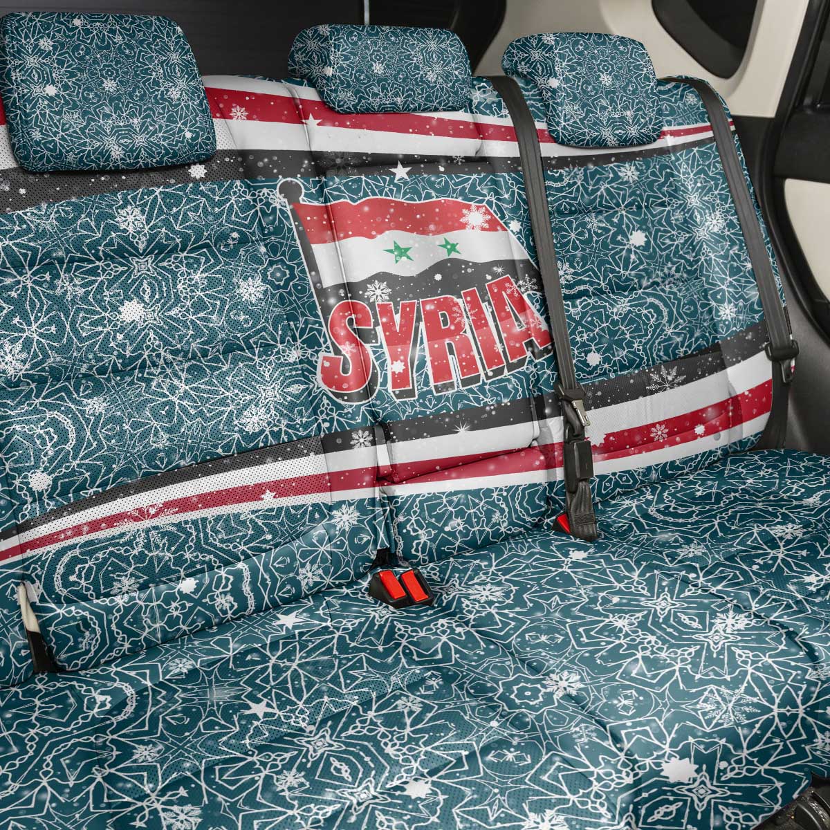 Syria Christmas Back Car Seat Cover with National Flag Motif, Coat of Arms Eagle, and Festive Snowflake Pattern - Wonder Print Shop