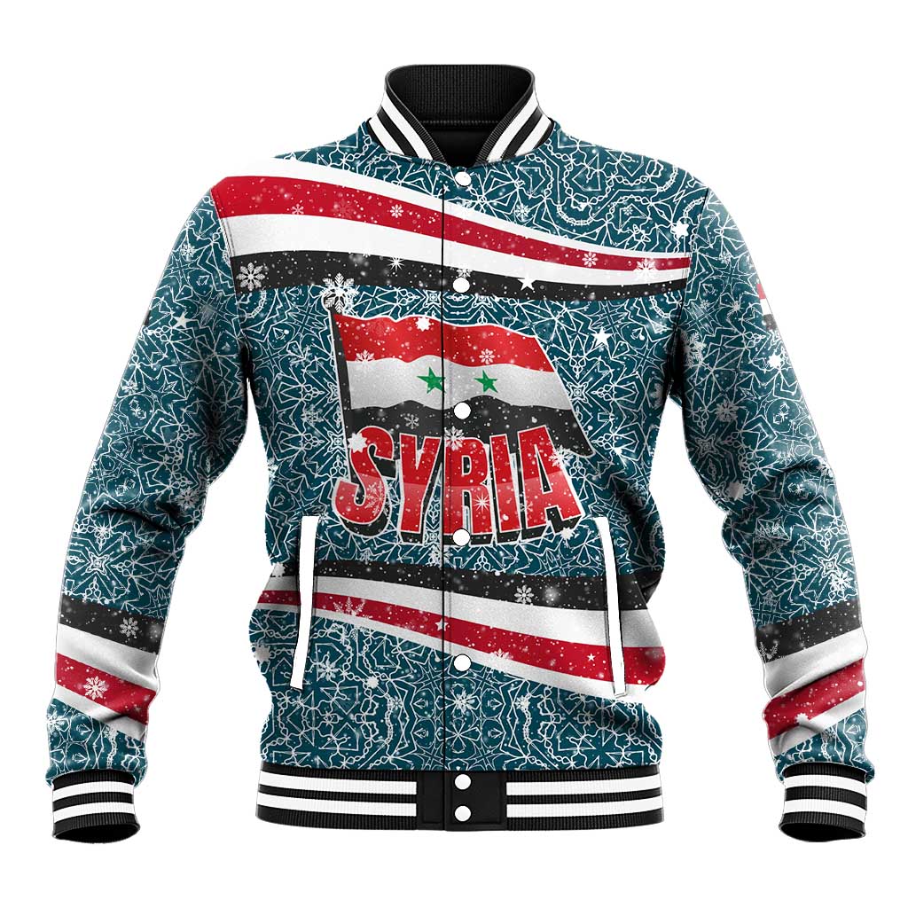 Syria Christmas Baseball Jacket with National Flag Motif, Coat of Arms Eagle, and Festive Snowflake Pattern - Wonder Print Shop