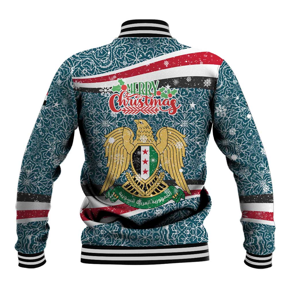 Syria Christmas Baseball Jacket with National Flag Motif, Coat of Arms Eagle, and Festive Snowflake Pattern - Wonder Print Shop