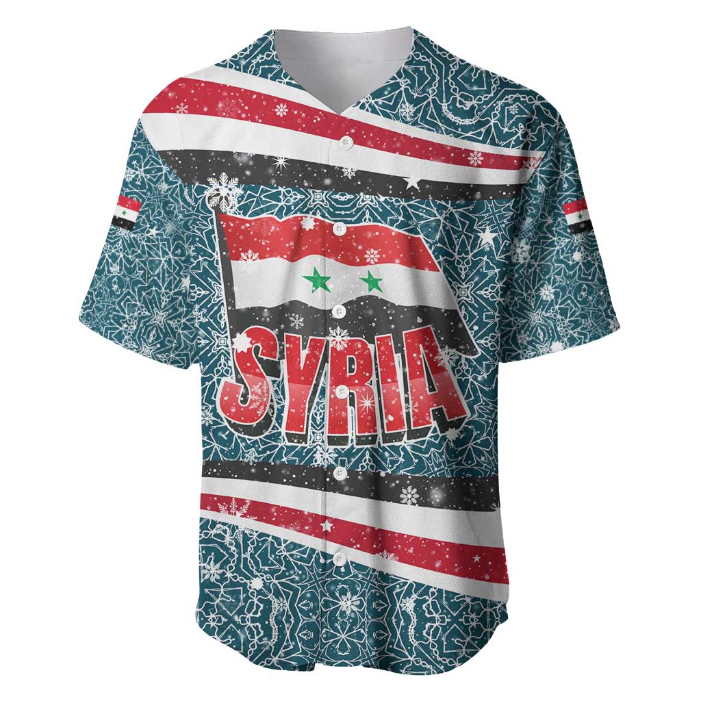 Syria Christmas Baseball Jersey with National Flag Motif, Coat of Arms Eagle, and Festive Snowflake Pattern - Wonder Print Shop