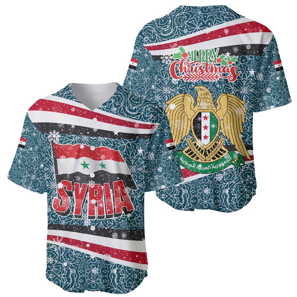 Syria Christmas Baseball Jersey with National Flag Motif, Coat of Arms Eagle, and Festive Snowflake Pattern - Wonder Print Shop