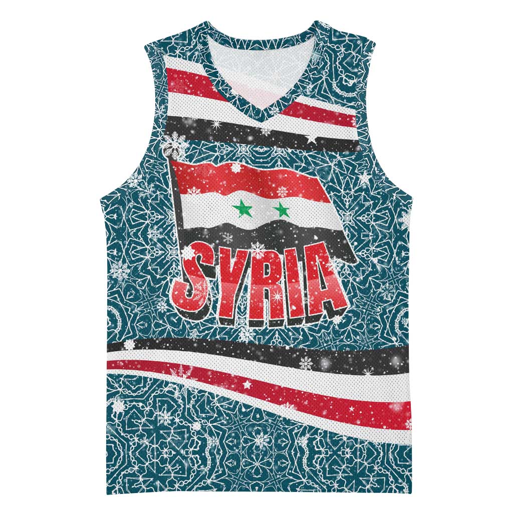 Syria Christmas Basketball Jersey with National Flag Motif, Coat of Arms Eagle, and Festive Snowflake Pattern - Wonder Print Shop