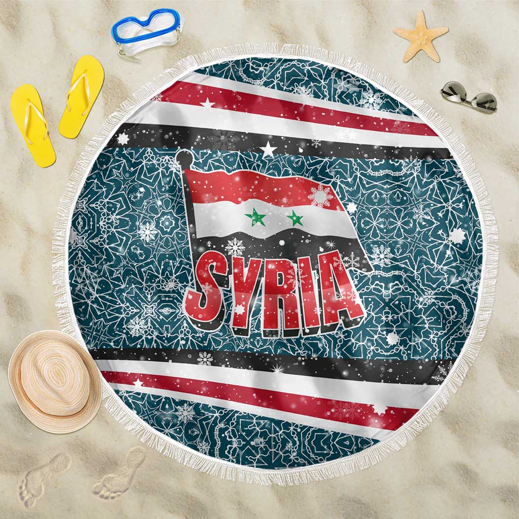 Syria Christmas Beach Blanket with National Flag Motif, Coat of Arms Eagle, and Festive Snowflake Pattern - Wonder Print Shop