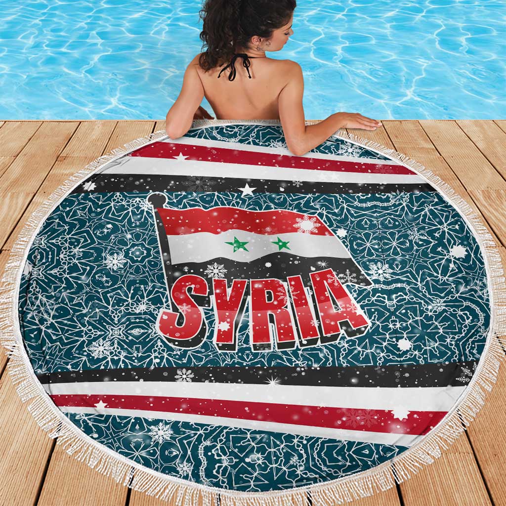 Syria Christmas Beach Blanket with National Flag Motif, Coat of Arms Eagle, and Festive Snowflake Pattern - Wonder Print Shop