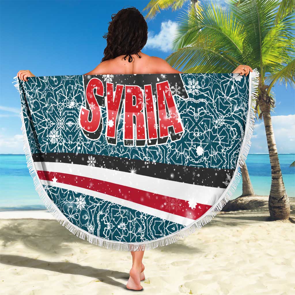 Syria Christmas Beach Blanket with National Flag Motif, Coat of Arms Eagle, and Festive Snowflake Pattern - Wonder Print Shop