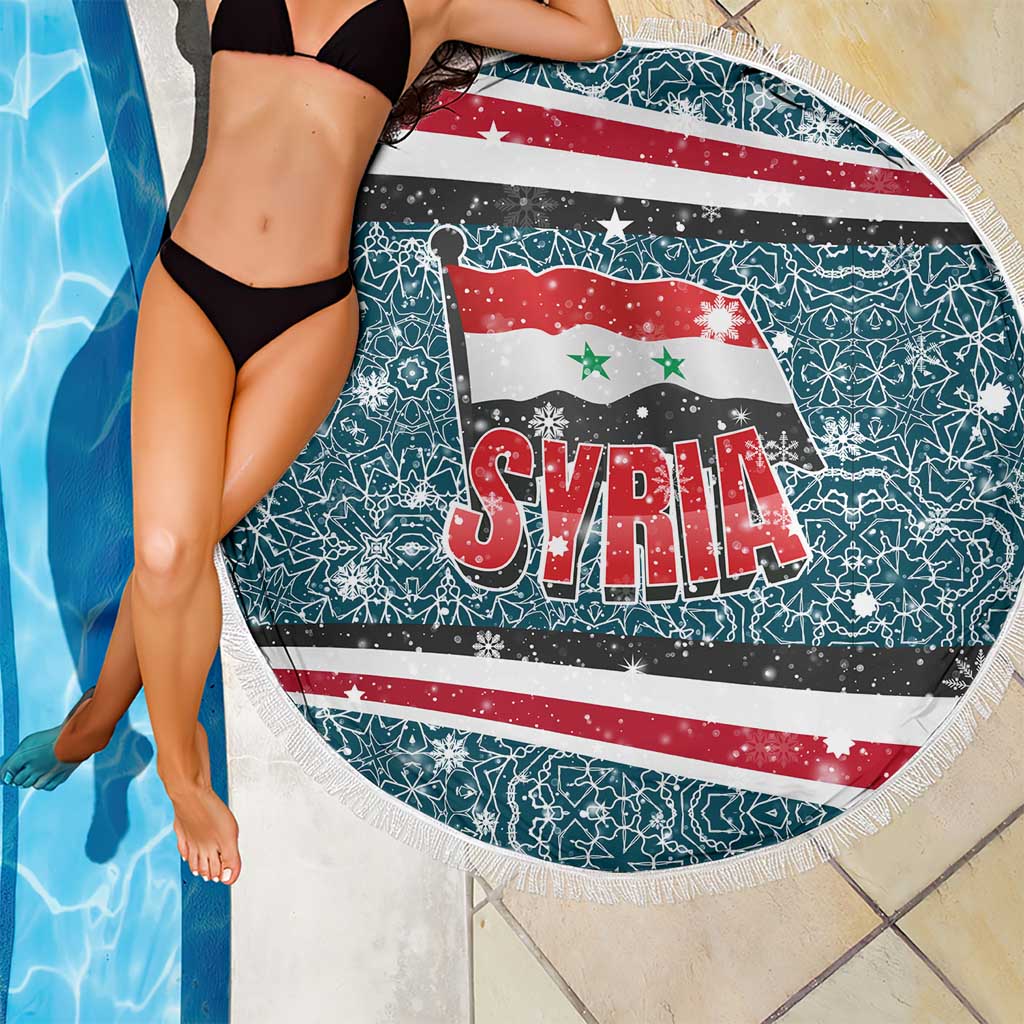 Syria Christmas Beach Blanket with National Flag Motif, Coat of Arms Eagle, and Festive Snowflake Pattern - Wonder Print Shop