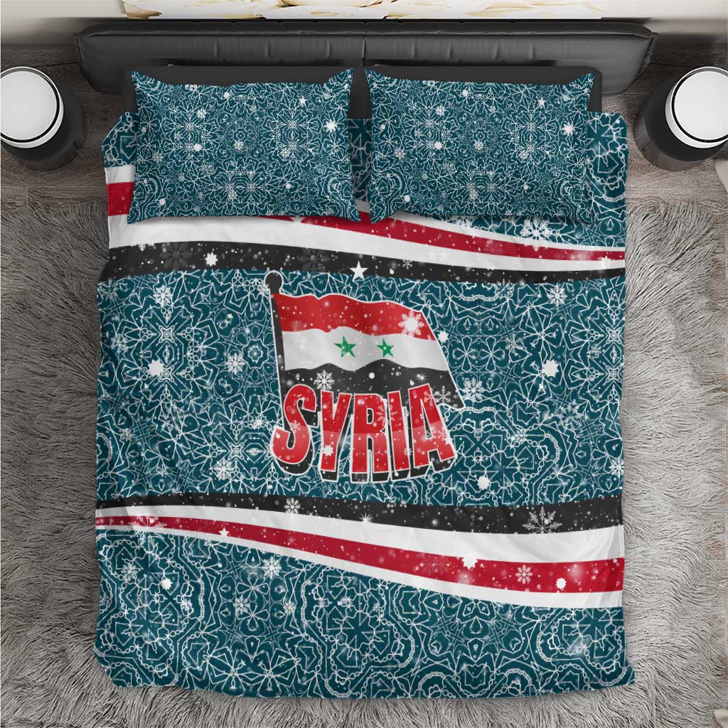 Syria Christmas Bedding Set with National Flag Motif, Coat of Arms Eagle, and Festive Snowflake Pattern - Wonder Print Shop