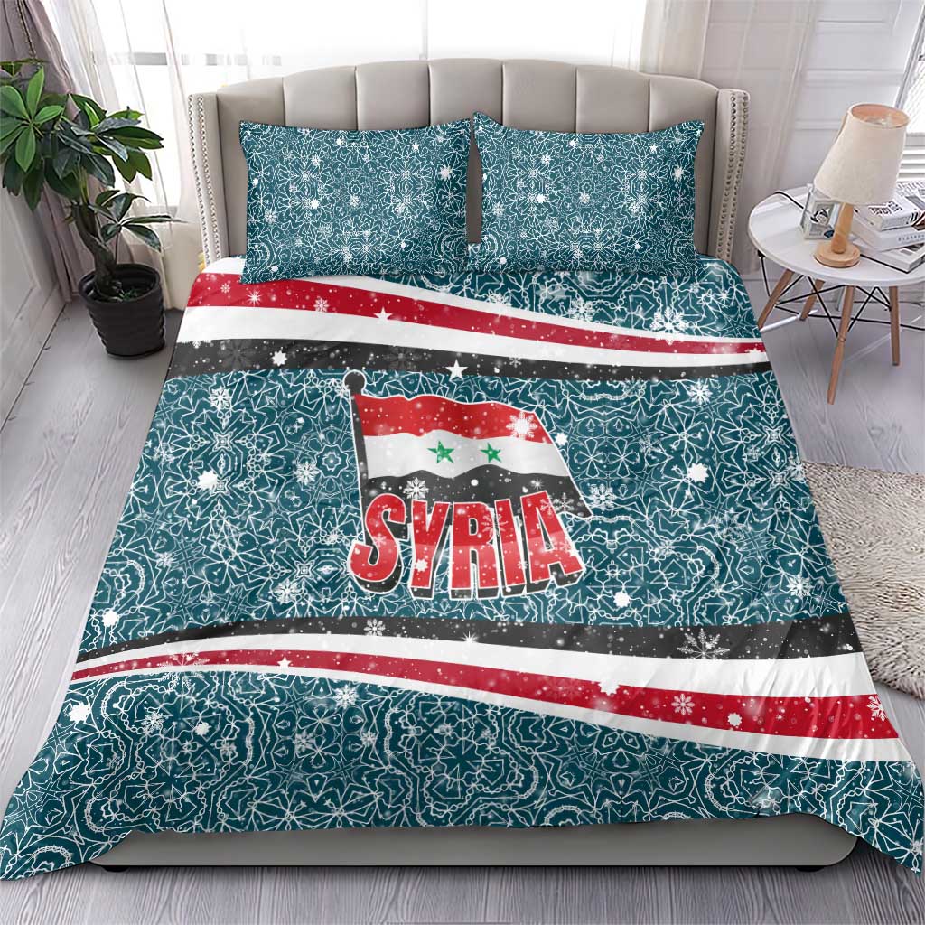 Syria Christmas Bedding Set with National Flag Motif, Coat of Arms Eagle, and Festive Snowflake Pattern - Wonder Print Shop