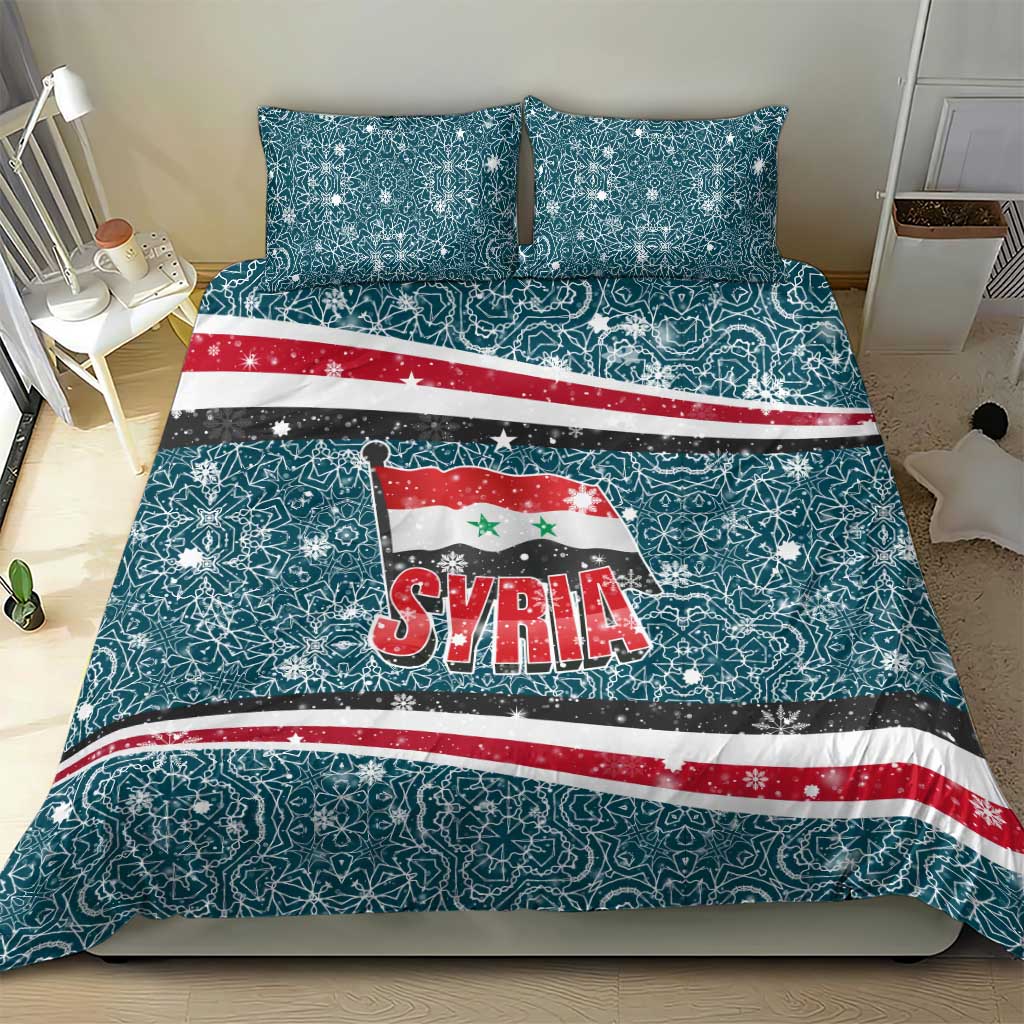 Syria Christmas Bedding Set with National Flag Motif, Coat of Arms Eagle, and Festive Snowflake Pattern - Wonder Print Shop