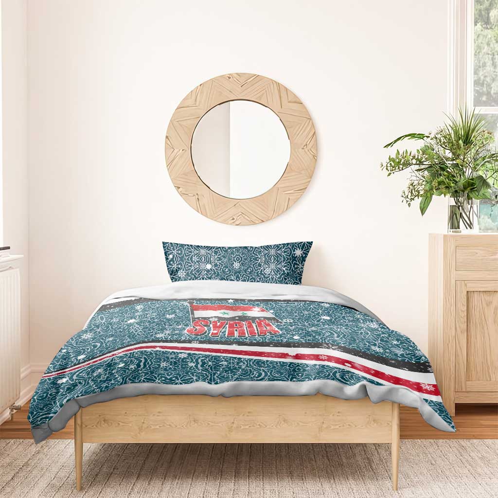 Syria Christmas Bedding Set with National Flag Motif, Coat of Arms Eagle, and Festive Snowflake Pattern - Wonder Print Shop
