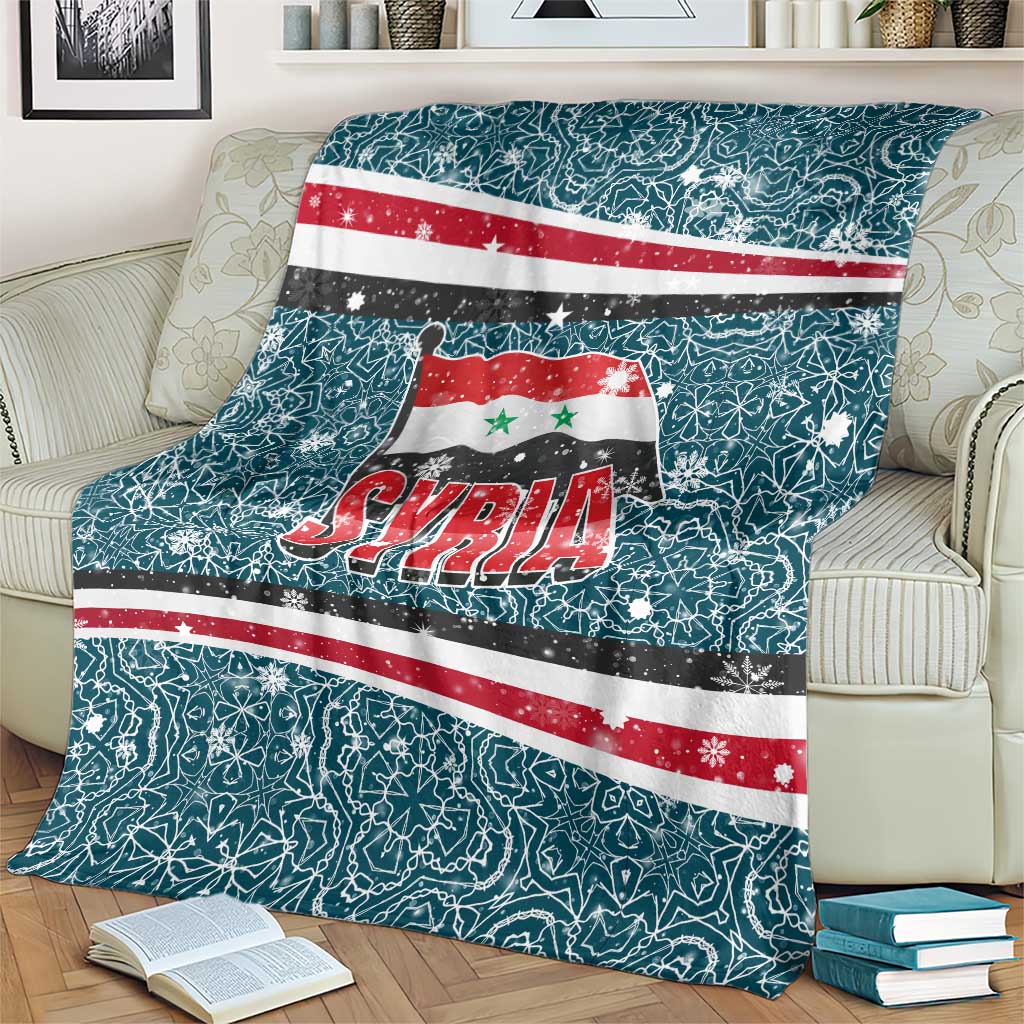Syria Christmas Blanket with National Flag Motif, Coat of Arms Eagle, and Festive Snowflake Pattern - Wonder Print Shop