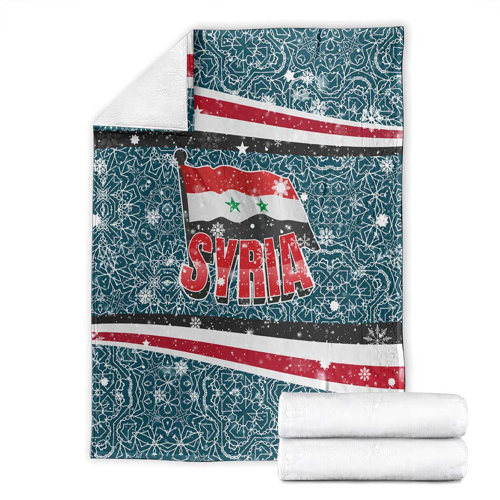 Syria Christmas Blanket with National Flag Motif, Coat of Arms Eagle, and Festive Snowflake Pattern - Wonder Print Shop