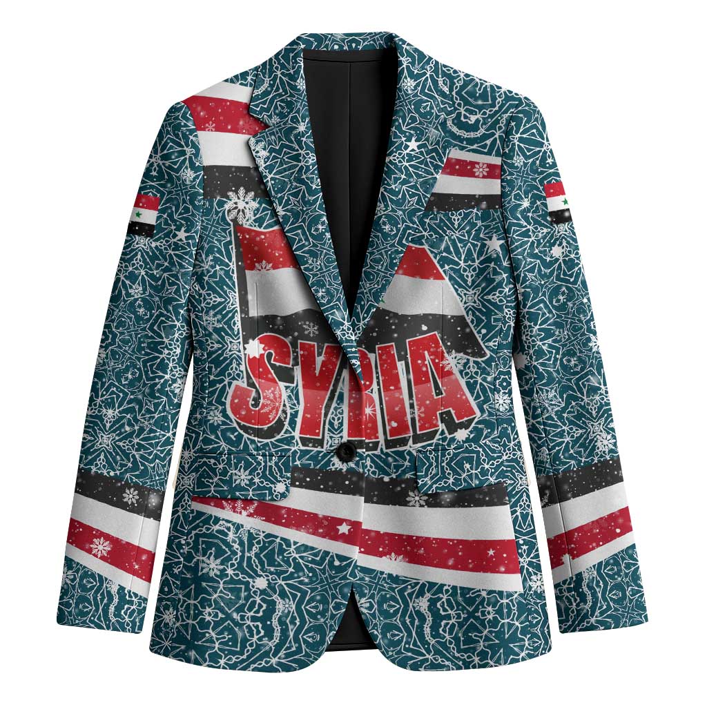 Syria Christmas Blazer with National Flag Motif, Coat of Arms Eagle, and Festive Snowflake Pattern - Wonder Print Shop