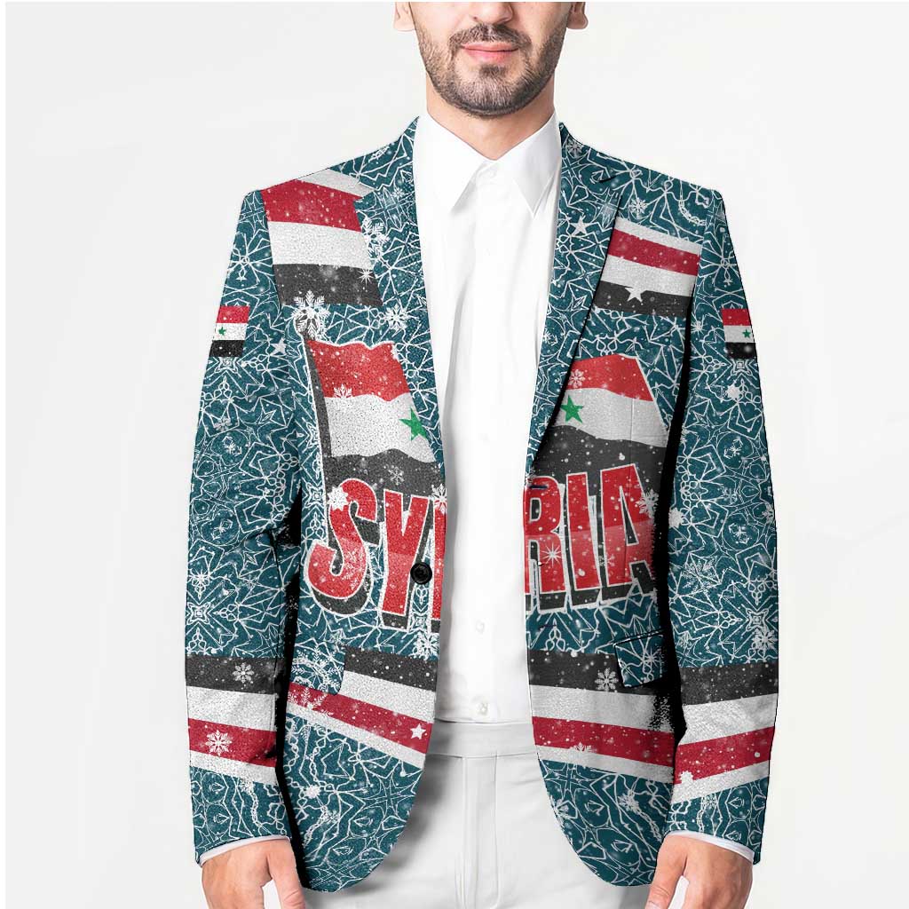 Syria Christmas Blazer with National Flag Motif, Coat of Arms Eagle, and Festive Snowflake Pattern - Wonder Print Shop