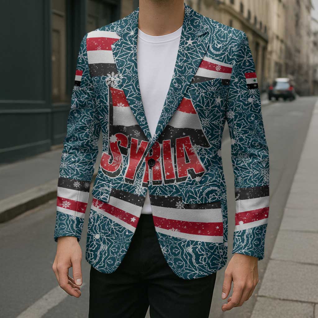 Syria Christmas Blazer with National Flag Motif, Coat of Arms Eagle, and Festive Snowflake Pattern - Wonder Print Shop