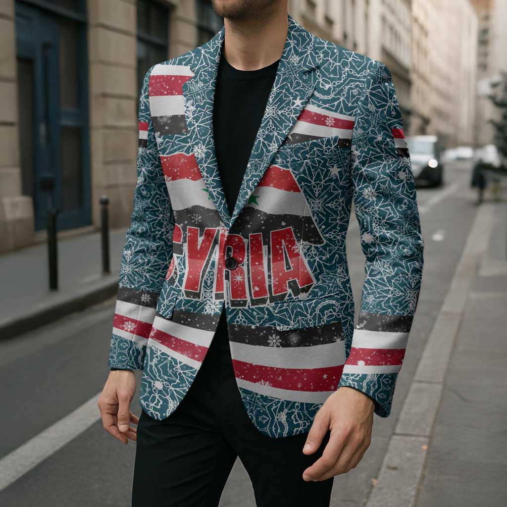 Syria Christmas Blazer with National Flag Motif, Coat of Arms Eagle, and Festive Snowflake Pattern - Wonder Print Shop
