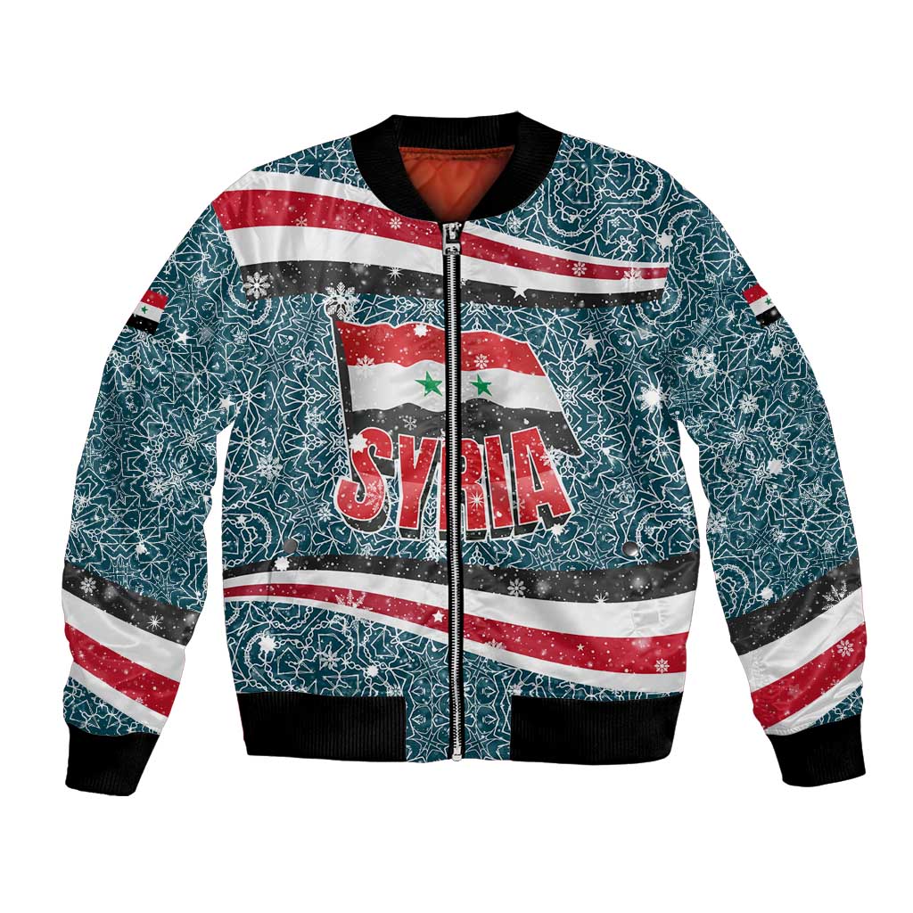 Syria Christmas Bomber Jacket with National Flag Motif, Coat of Arms Eagle, and Festive Snowflake Pattern - Wonder Print Shop