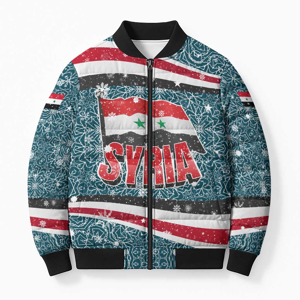 Syria Christmas Bomber Puffer Jacket with National Flag Motif, Coat of Arms Eagle, and Festive Snowflake Pattern - Wonder Print Shop