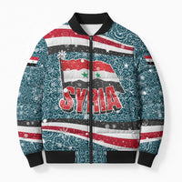 Syria Christmas Bomber Puffer Jacket with National Flag Motif, Coat of Arms Eagle, and Festive Snowflake Pattern - Wonder Print Shop