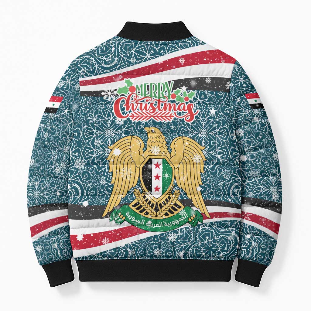 Syria Christmas Bomber Puffer Jacket with National Flag Motif, Coat of Arms Eagle, and Festive Snowflake Pattern - Wonder Print Shop